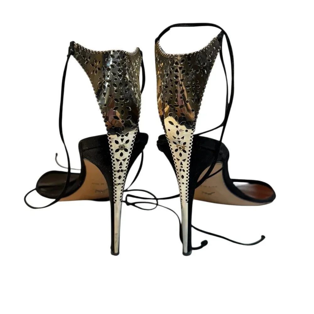Alexandra Neel Black Suede Lace Up Sandal with Silver Filigree detail Size 40